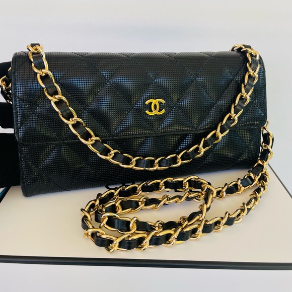 CHANEL Handbags - CHANEL Black Quilted large leather wallet with Gold Chain